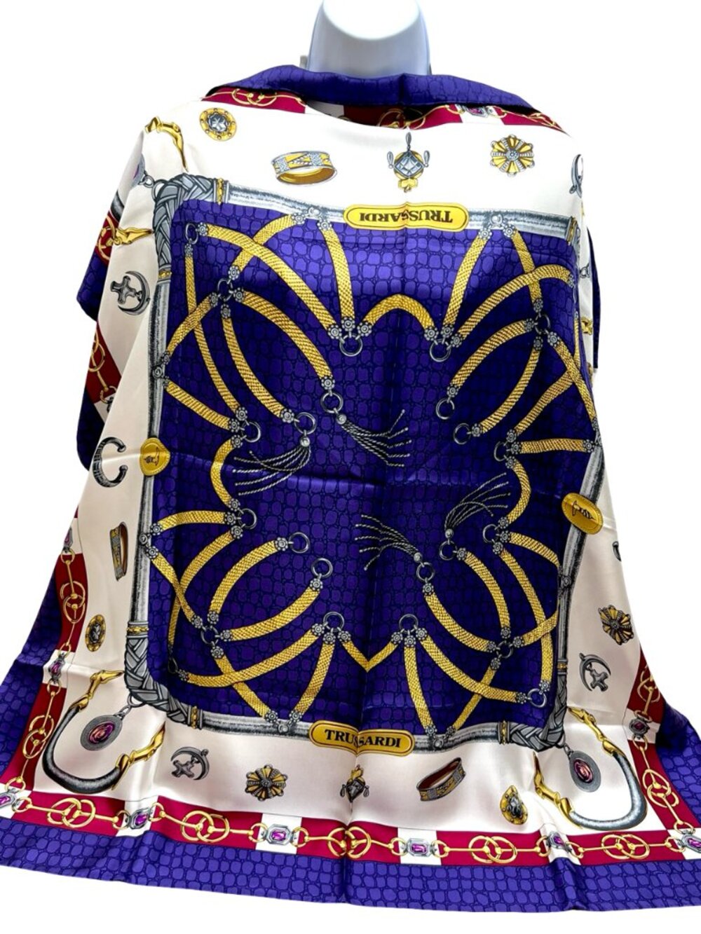 New- Beautiful Trussardi 100% silk Scarf satin 35" Purple Blue White Gold (17 - Picture 6 of 16